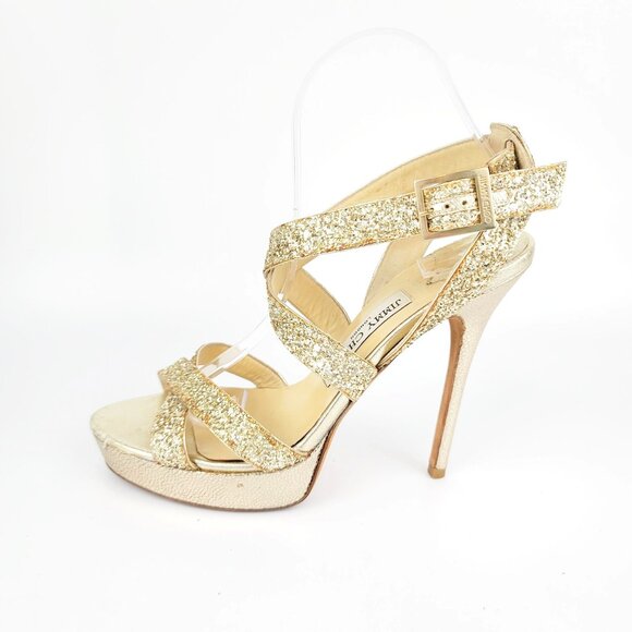 Jimmy Choo VAMP Gold Glitter Multistrap Strappy Platform Sandals Size 39.5 - Picture 1 of 9